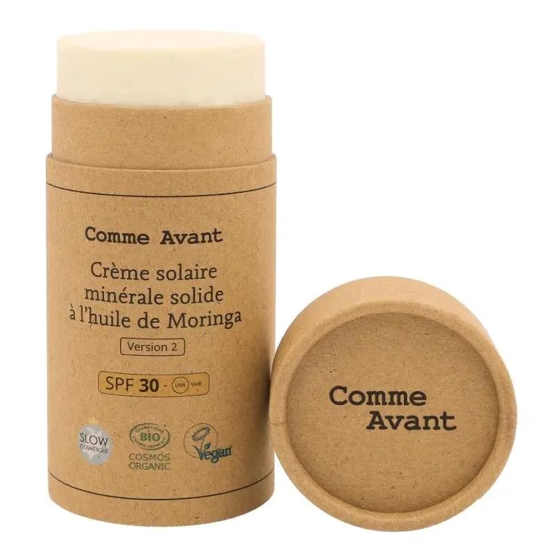 Crème solaire solide SPF30 Comme Avant à l'huile de moringa, emballage kraft