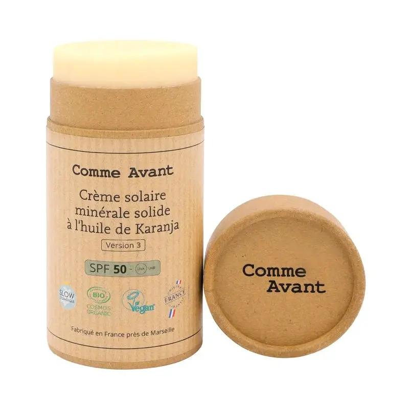Comme Avant crème solaire minérale solide SPF50 à l'huile de karanja, tube kraft avec capuchon, Citron Grenadine