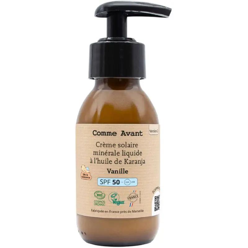 COMME AVANT crème solaire minérale liquide SPF 50 à l'huile de karanja vanille, bouteille ambrée avec pompe noire