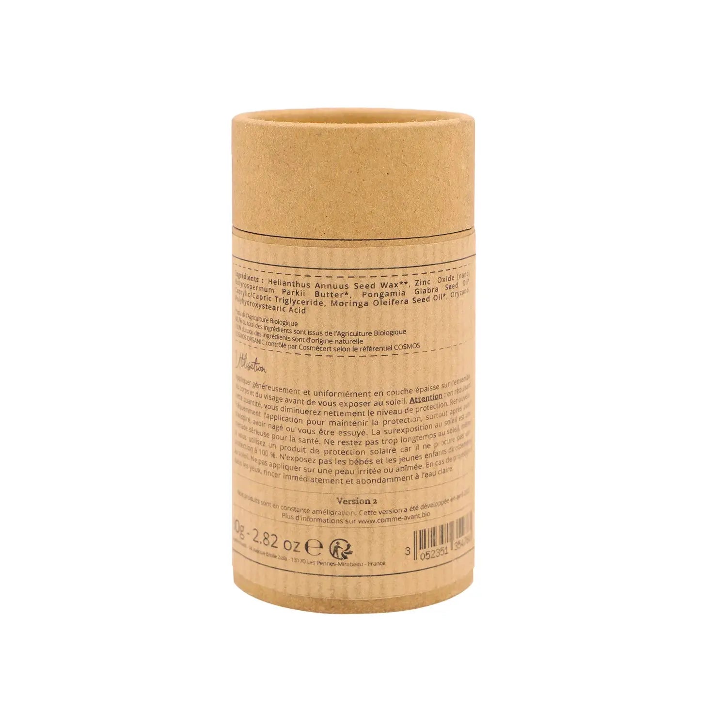 COMME AVANT crème solaire solide SPF50 minérale à l'huile de karanja, en stick, emballage kraft