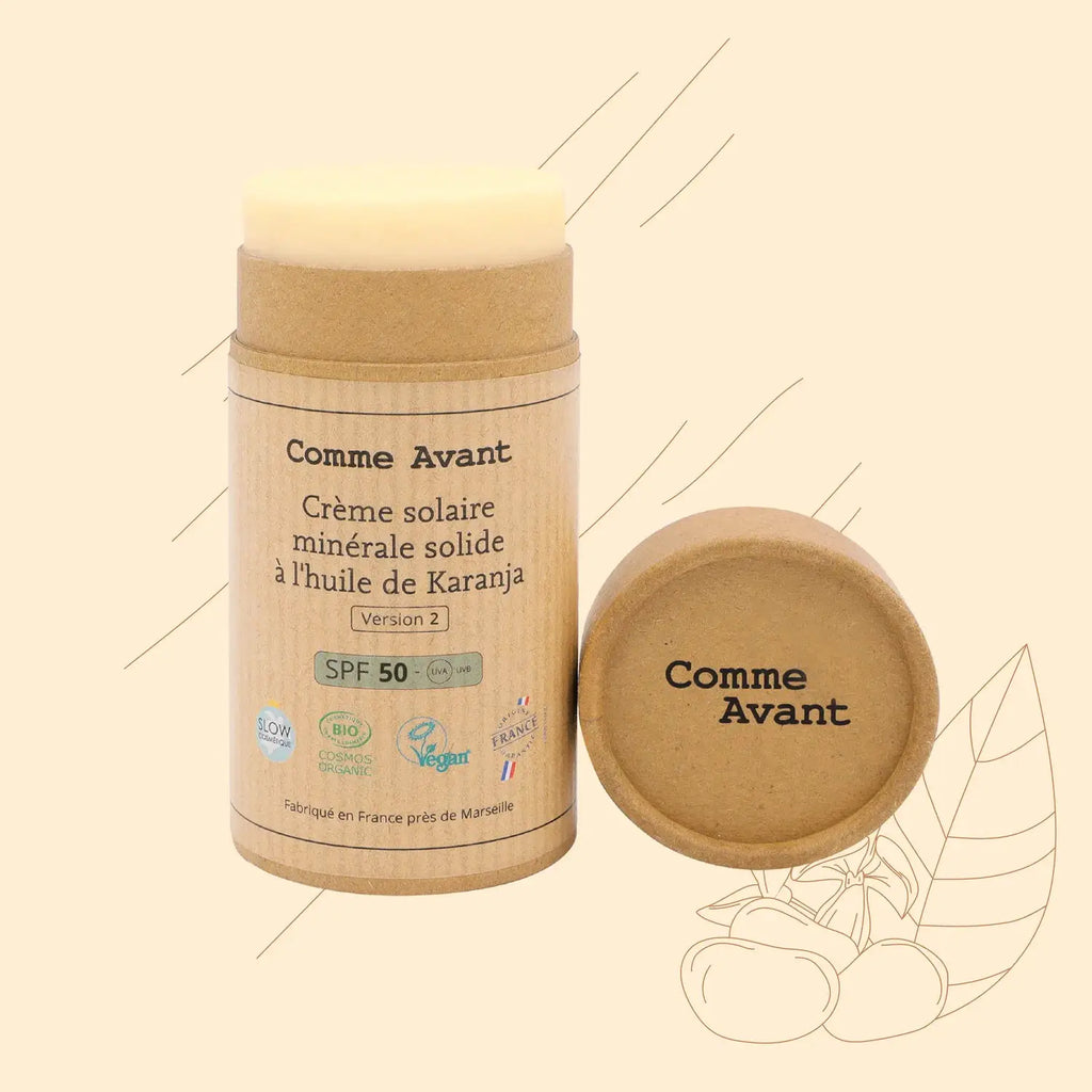 Comme Avant crème solaire minérale solide SPF50 à l'huile de karanja en tube carton