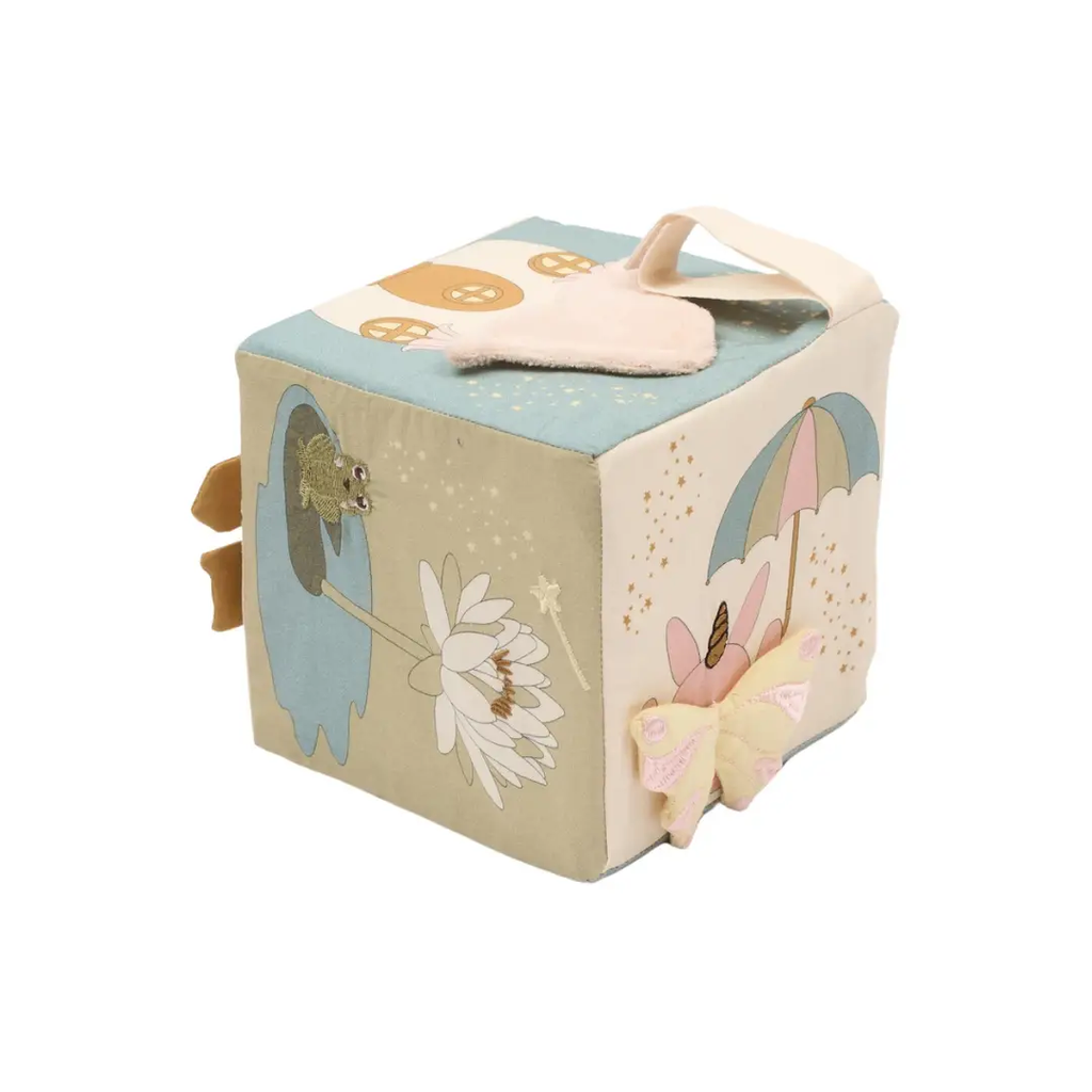 FABELAB activity cube fairyland by Citron Grenadine; pastel fabric baby toy with soft handle and pink bow.