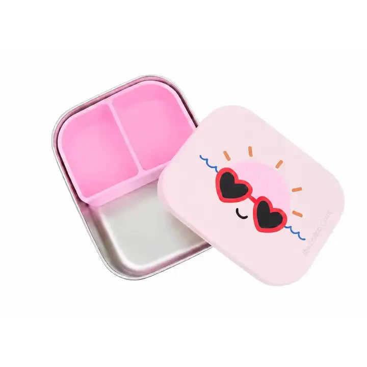 Pink metal THE COTTON CLOUD lunchbox by Citron Grenadine, two-compartment interior with heart-sunglasses lid