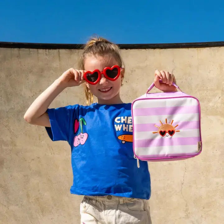 THE COTTON CLOUD sac isotherme / club soleil, sac déjeuner rose et blanc rayé avec motif soleil et cœur