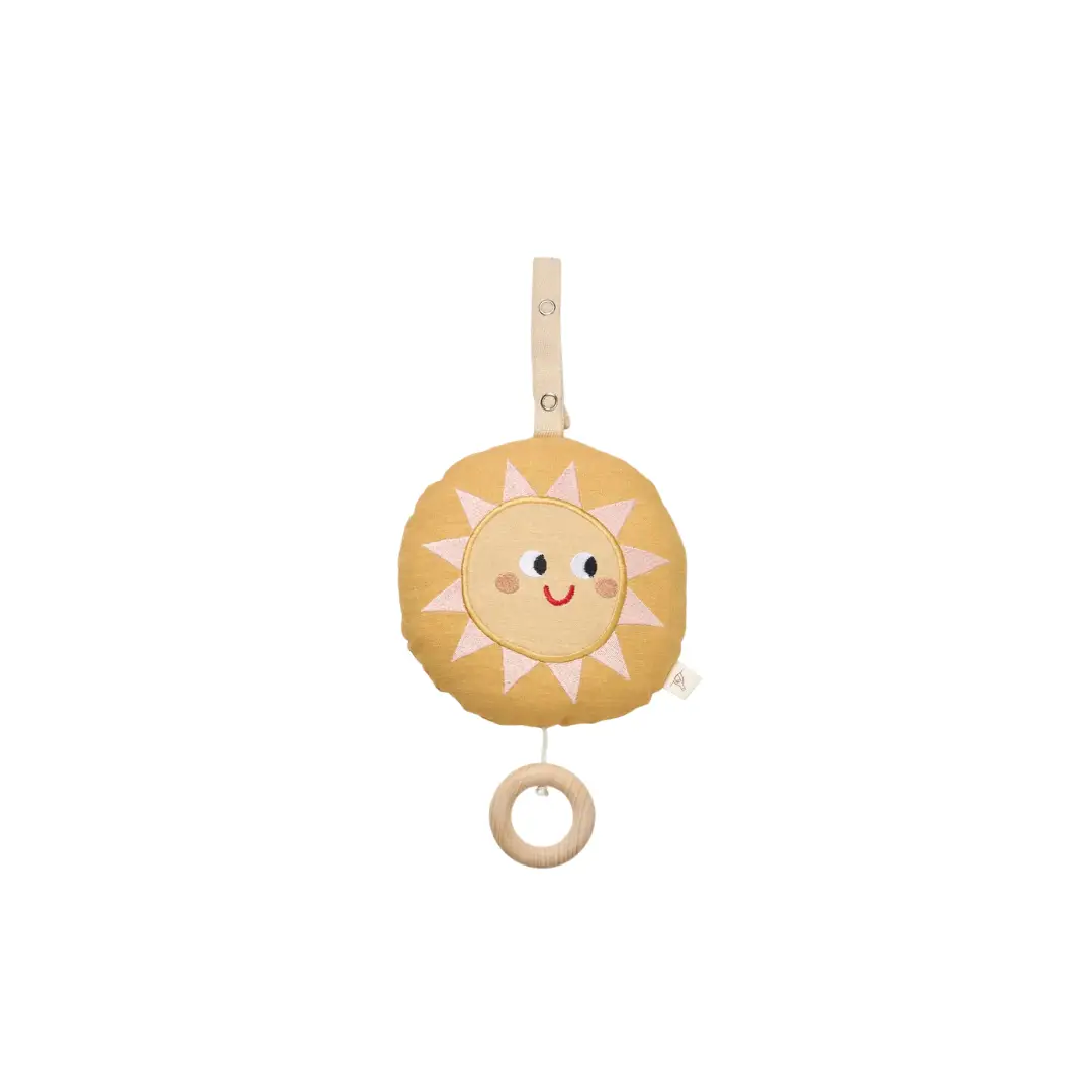 Crib sun mobile with a smiling sun face, yellow sun and beige strap, wooden ring - Citron Grenadine