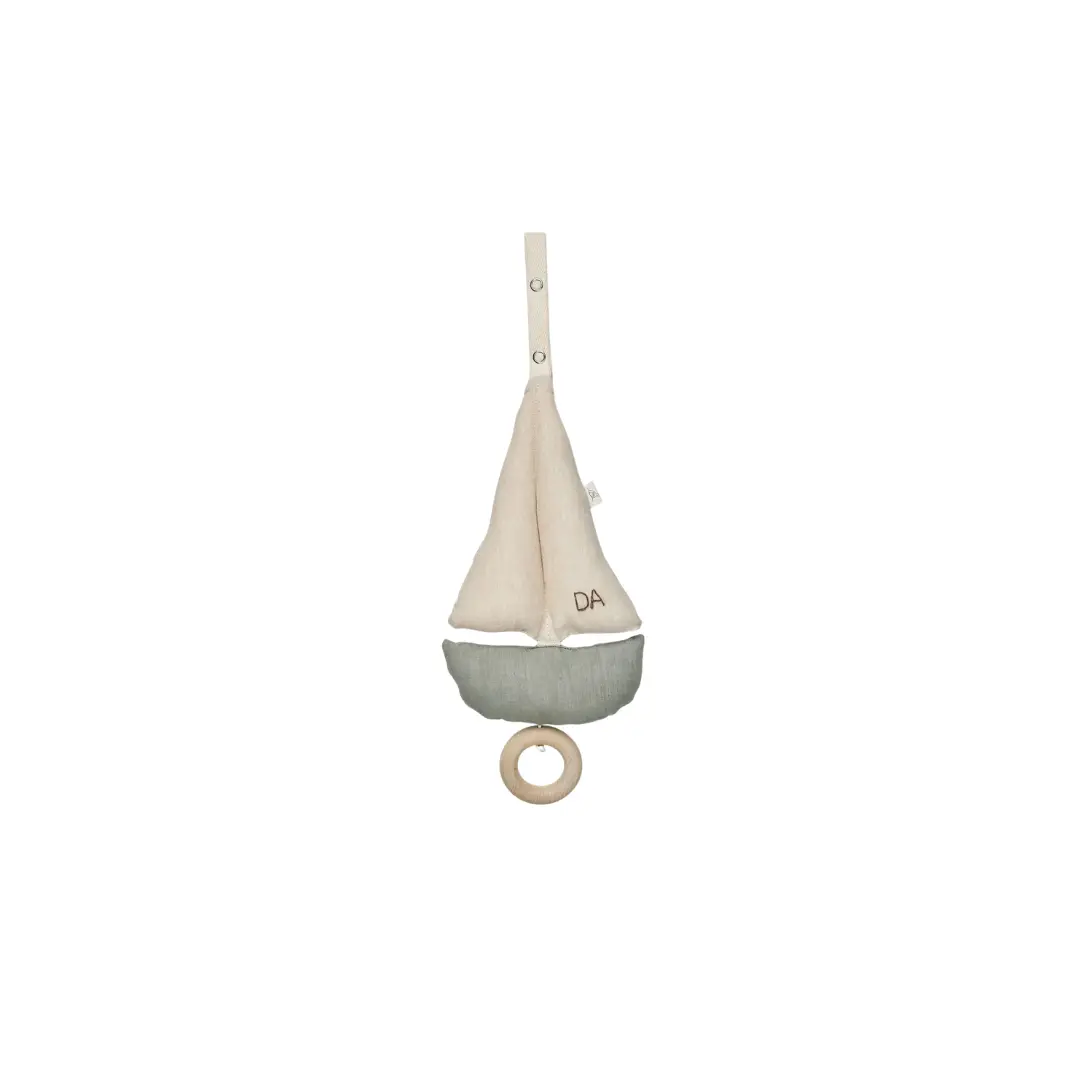Crib sailboat mobile, beige sail and blue hull, wooden ring, musical.