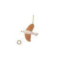 Crib mobile plush bird, brown and white with orange beak, by Citron Grenadine Dear April May, with hanging ring.