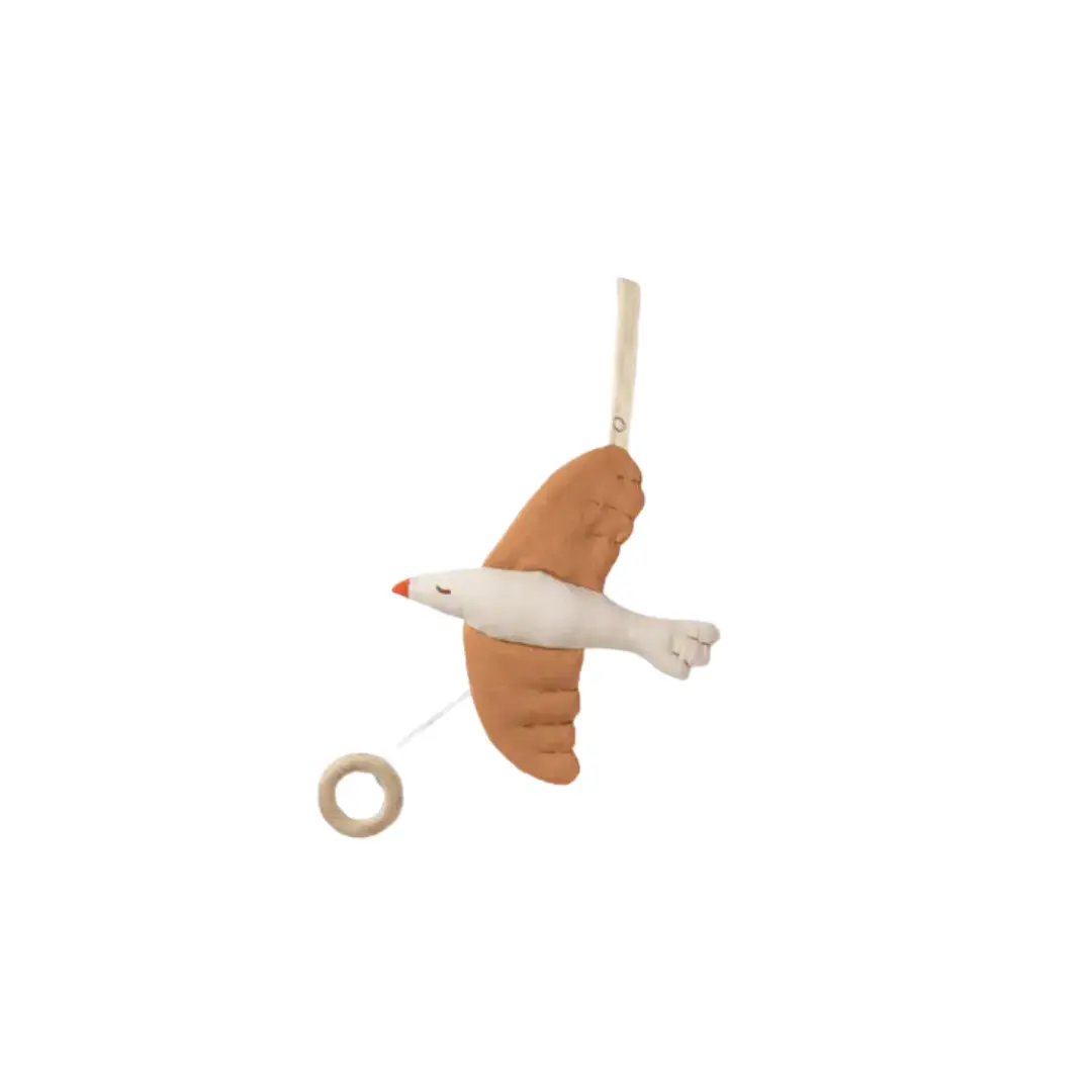 Crib mobile plush bird, brown and white with orange beak, by Citron Grenadine Dear April May, with hanging ring.