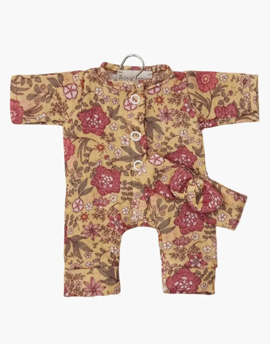 MINIKANE combinaison Lily pour poupée 28 cm, motif floral beige à fleurs rouges, boutons blancs, Citron Grenadine