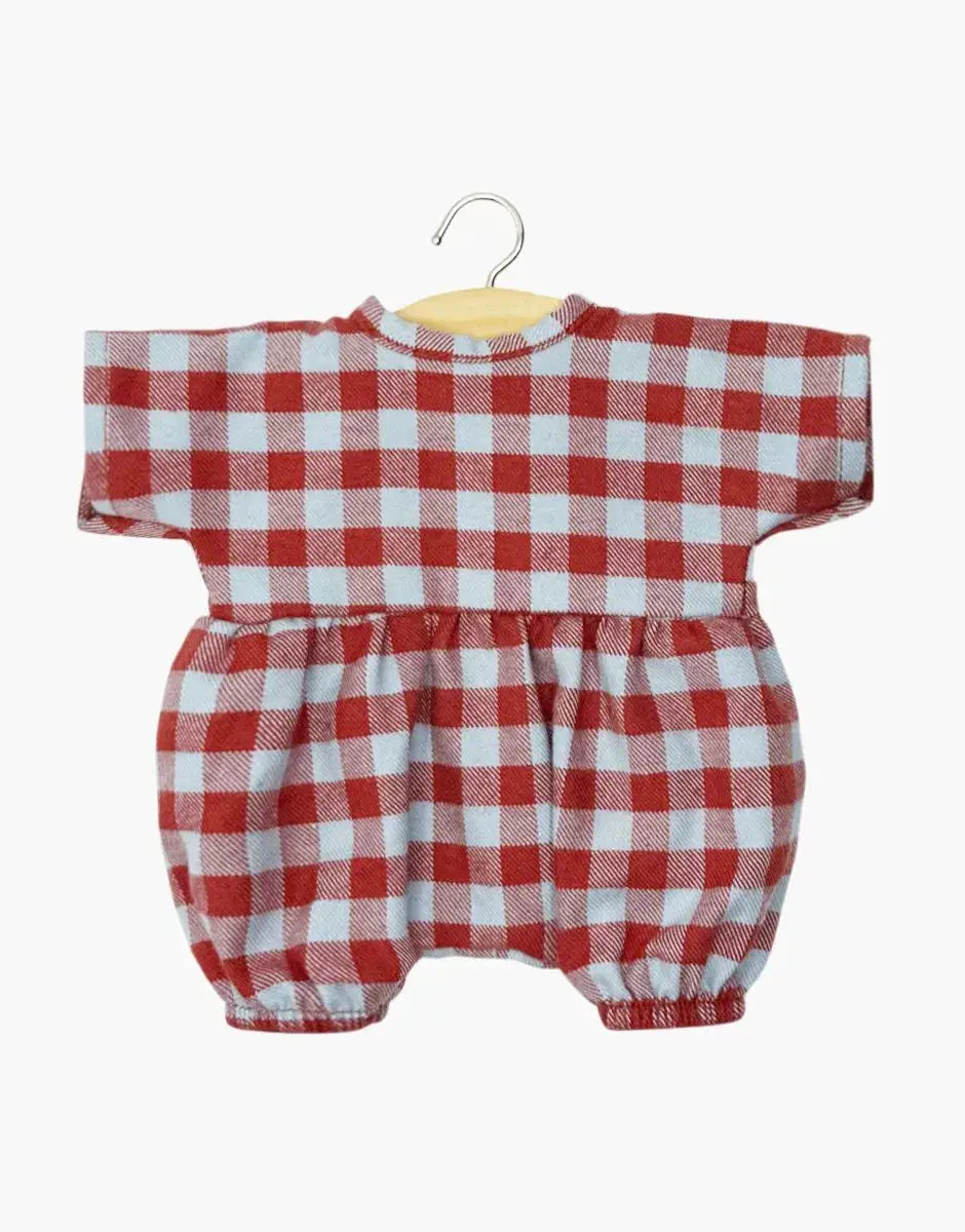 MINIKANE barboteuse Noa poupée 28 cm en vichy rouge et blanc