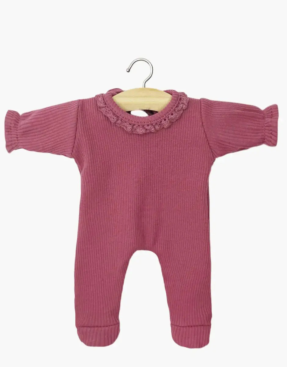 MINIKANE Camille poupée 28 cm pyjama framboise, coton côtelé, col en dentelle, Citron Grenadine