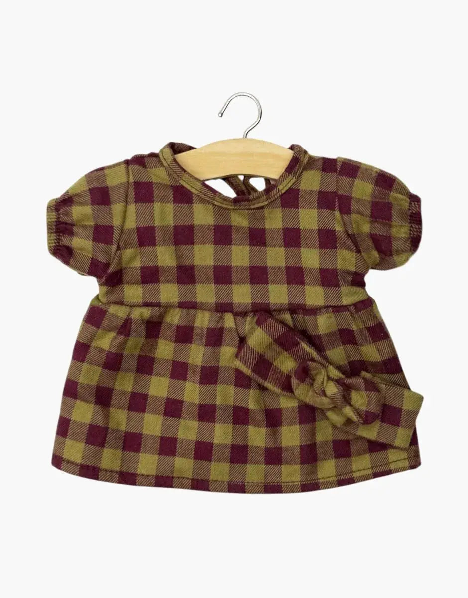 Minikane Faustine doll dress, olive-burgundy checkered vichy fabric, 28 cm, Citron Grenadine