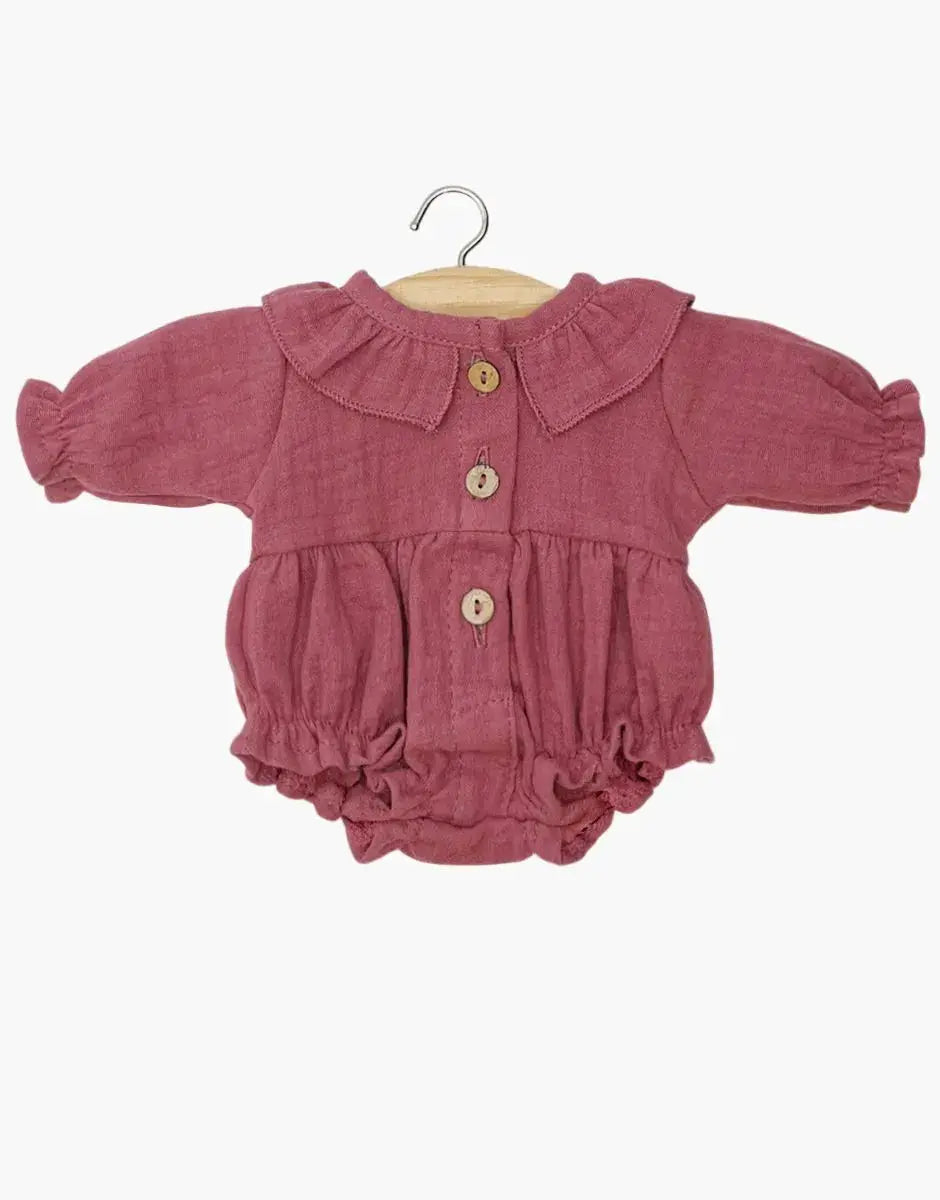 MINIKANE Léonore 34 cm framboise doll romper with collar, long sleeves, wooden buttons by Citron Grenadine