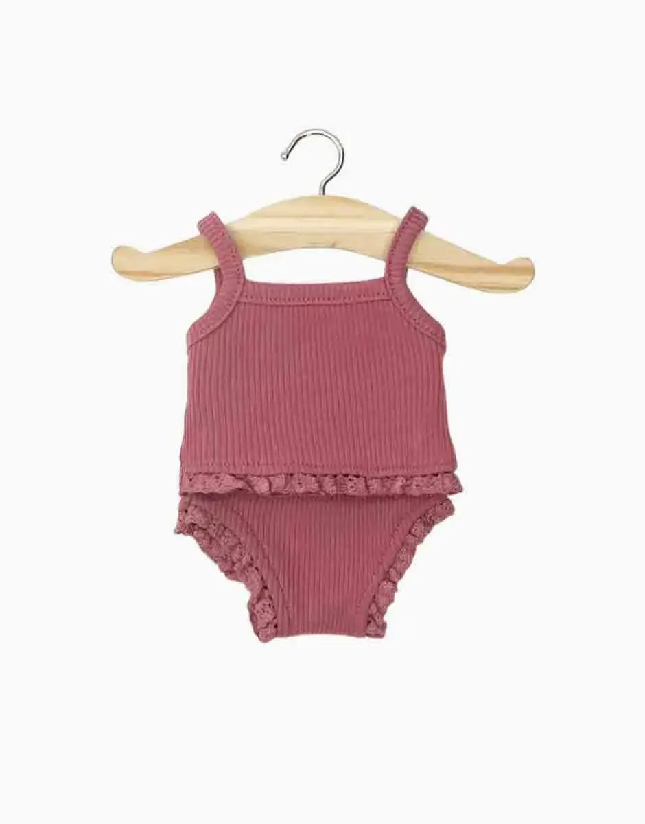 MINIKANE dessous dentelle poupée 34 cm framboise, bretelles et bordure en dentelle