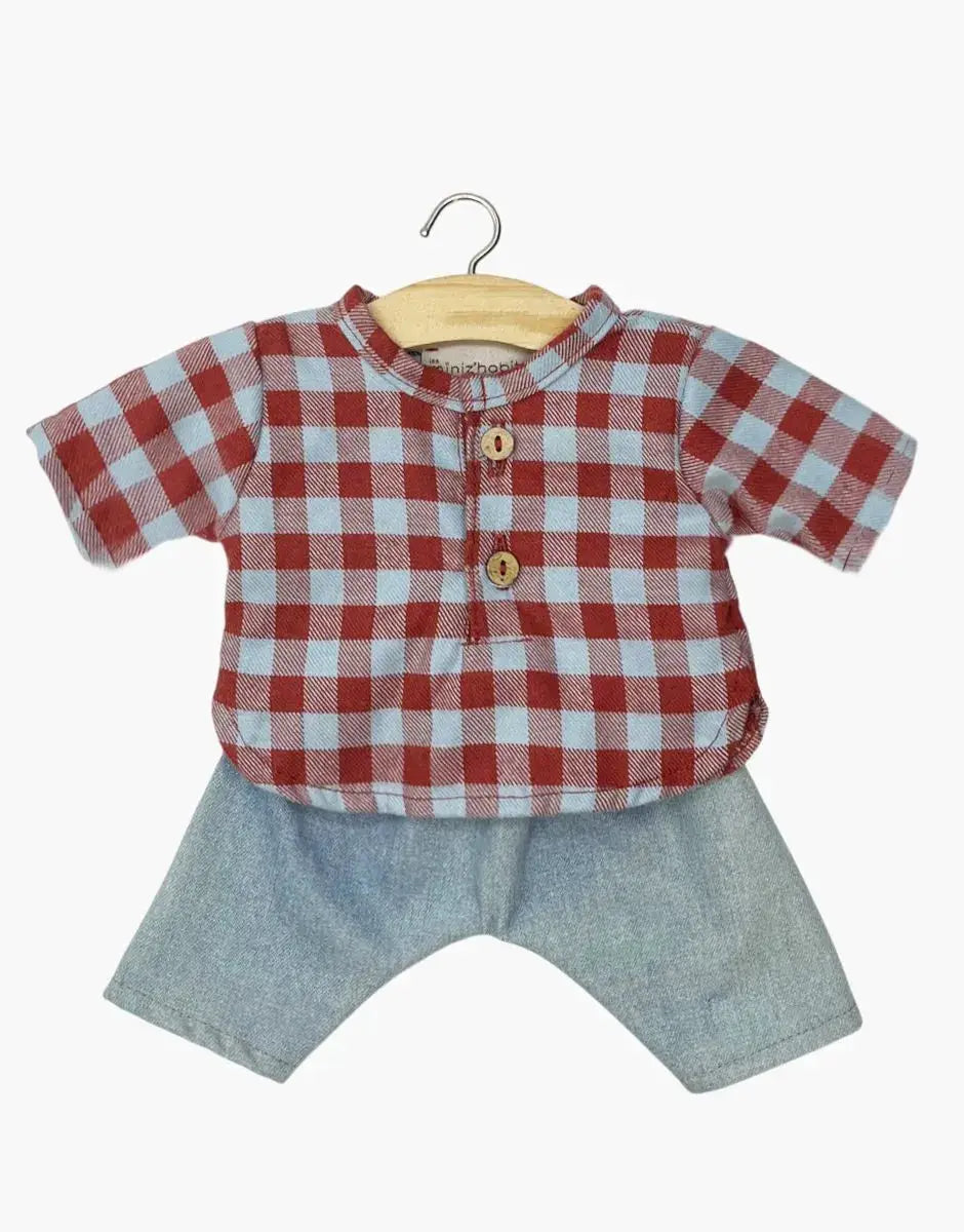 Ensemble MINIKANE pour poupée Marien; chemise à carreaux rouge et blanc et pantalon jean bleu clair, Citron Grenadine