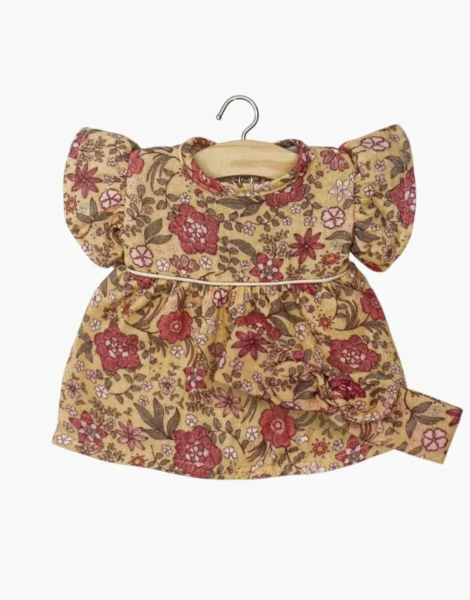 MINIKANE robe poupée Daisy 34 cm, robe fleurie beige avec fleurs rouges et roses, Citron Grenadine