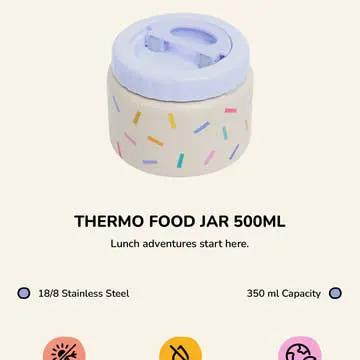 Thermo food jar 350ml with pastel sprinkles pattern, stainless steel, light blue lid.