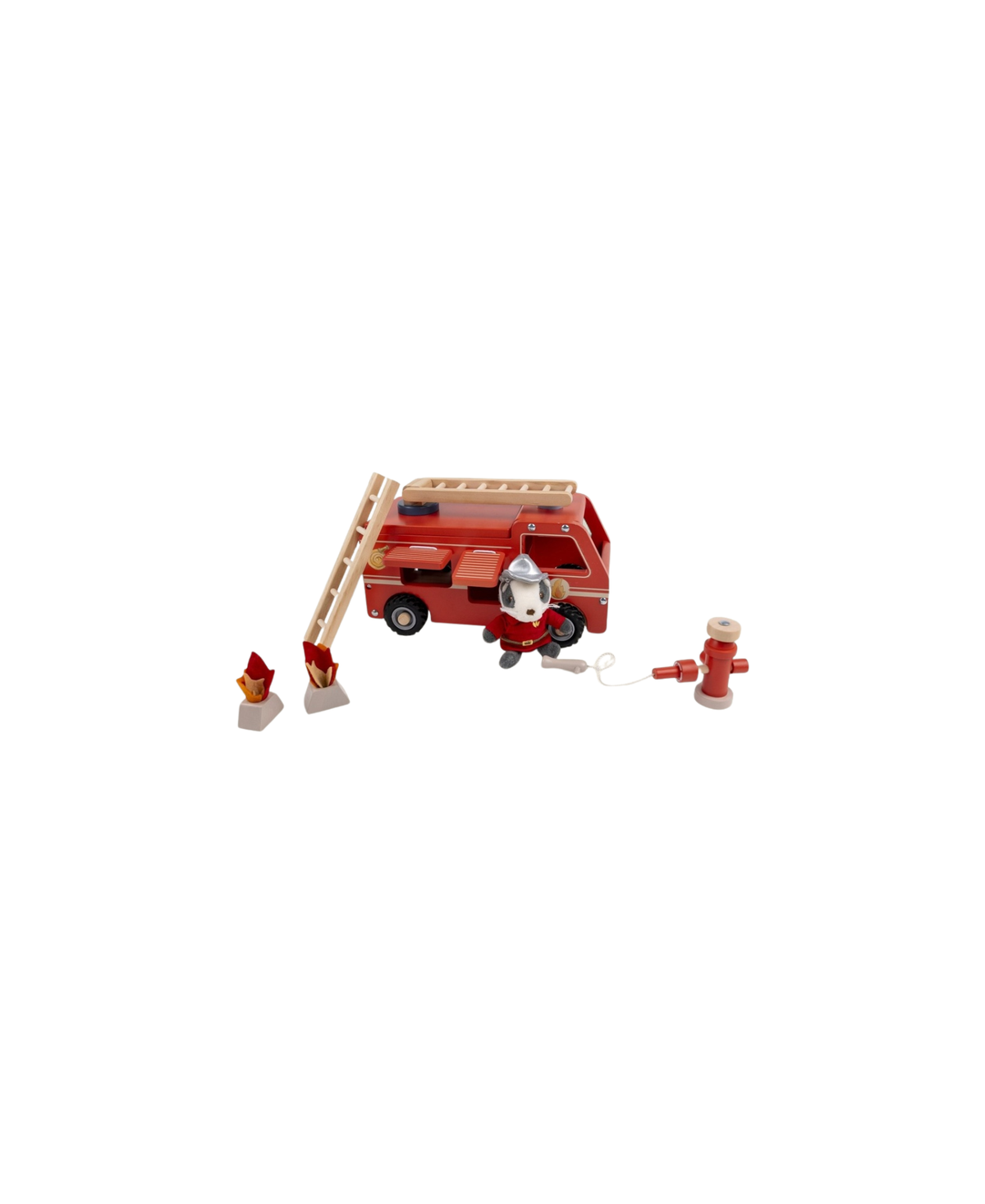 Egmontoys Citron Grenadine red wooden fire truck with ladder, firefighter figure, hose and hydrant