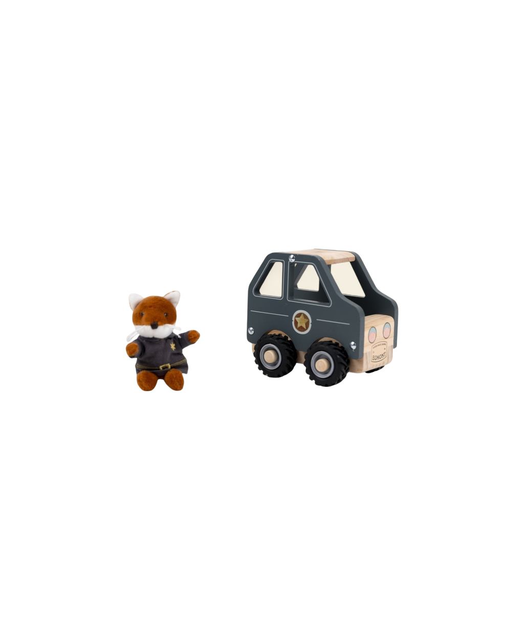 Voiture de police en bois EGMONT TOYS gris foncé avec toit naturel; renard en peluche à côté