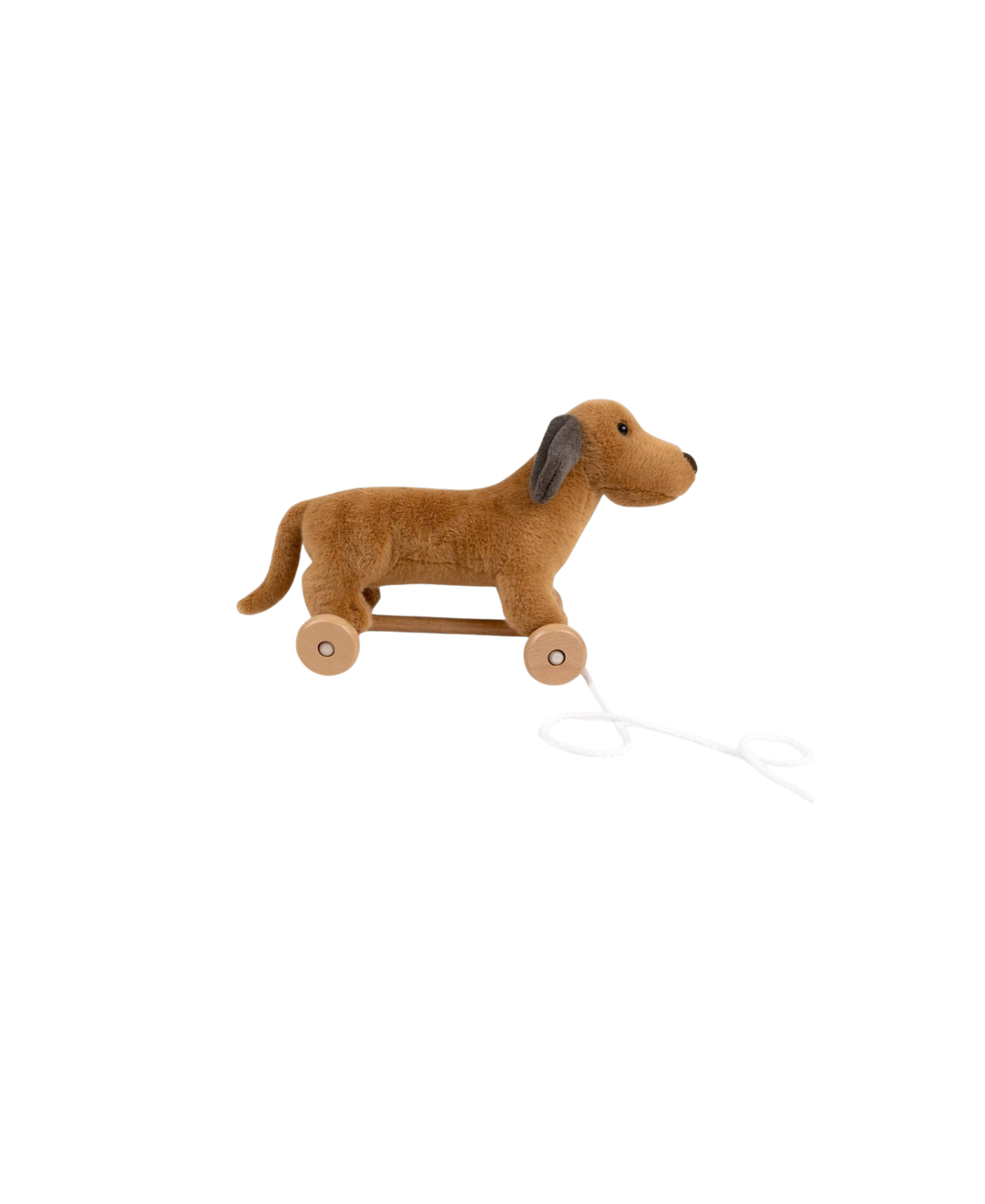 Brown plush pull-along dog toy on a wooden wagon with wheels