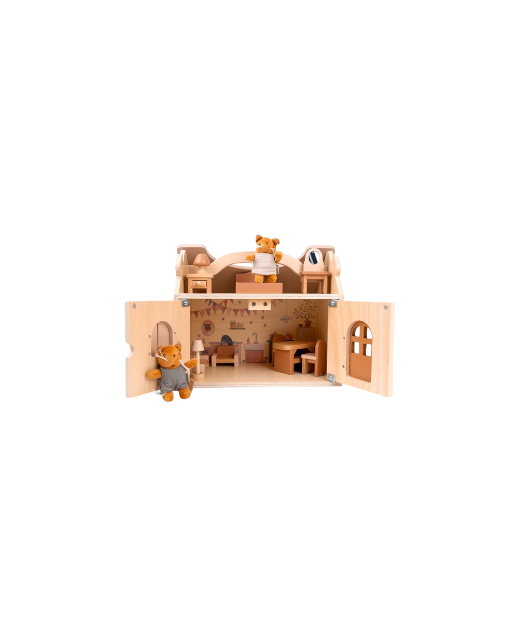 Egmont Toys Maison des Écureuils wooden dollhouse with two squirrel plush figures and miniature furniture