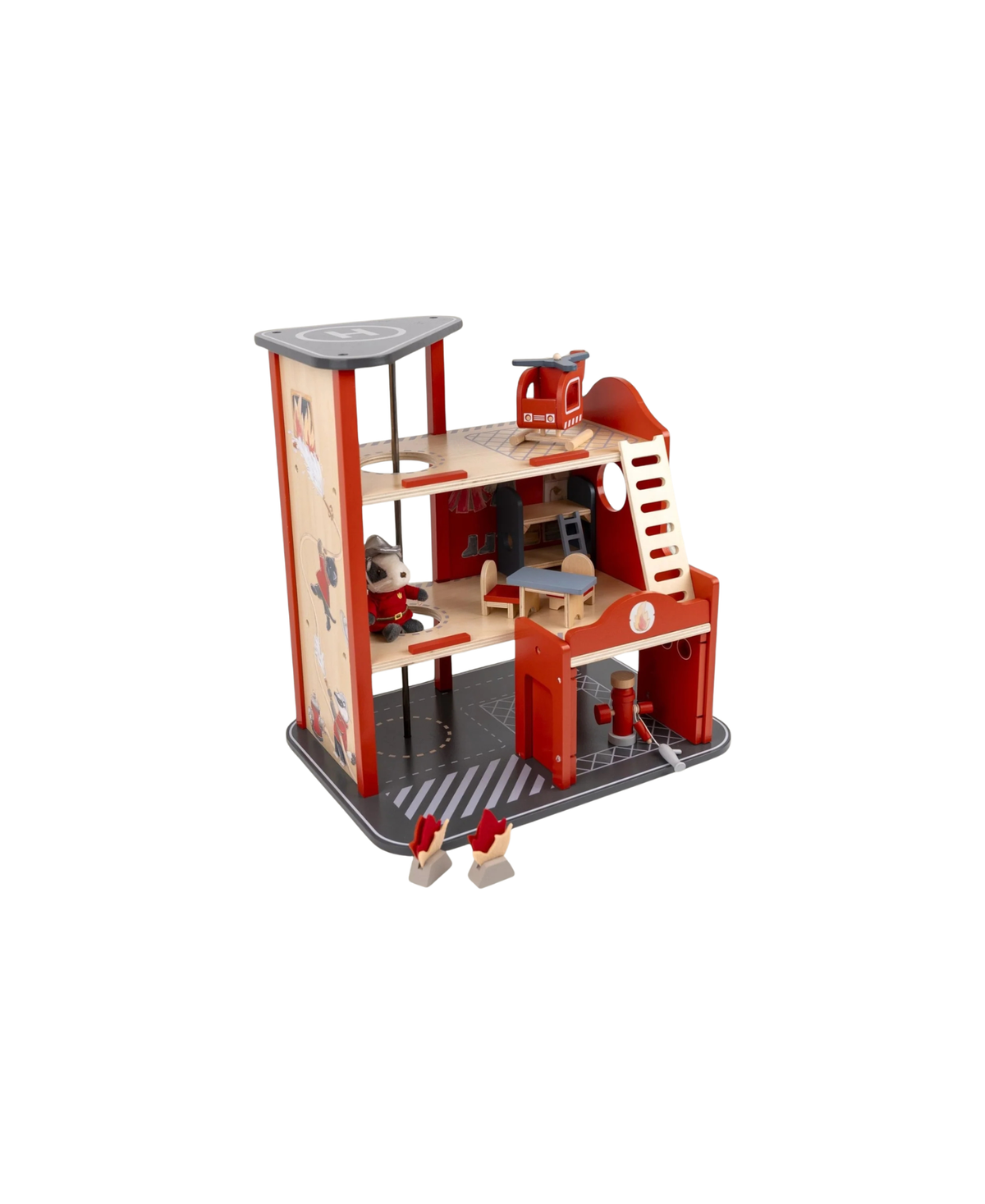 Caserne des pompiers Egmont Toys wooden fire station playset by Citron Grenadine with ladder and figures