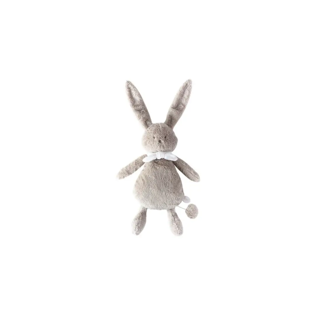 DIMPEL doudou musical Ella plush bunny, beige, with white bow.