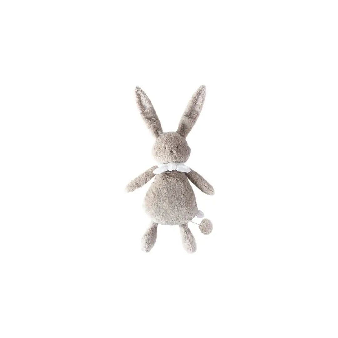 DIMPEL doudou musical Ella plush bunny, beige, with white bow.
