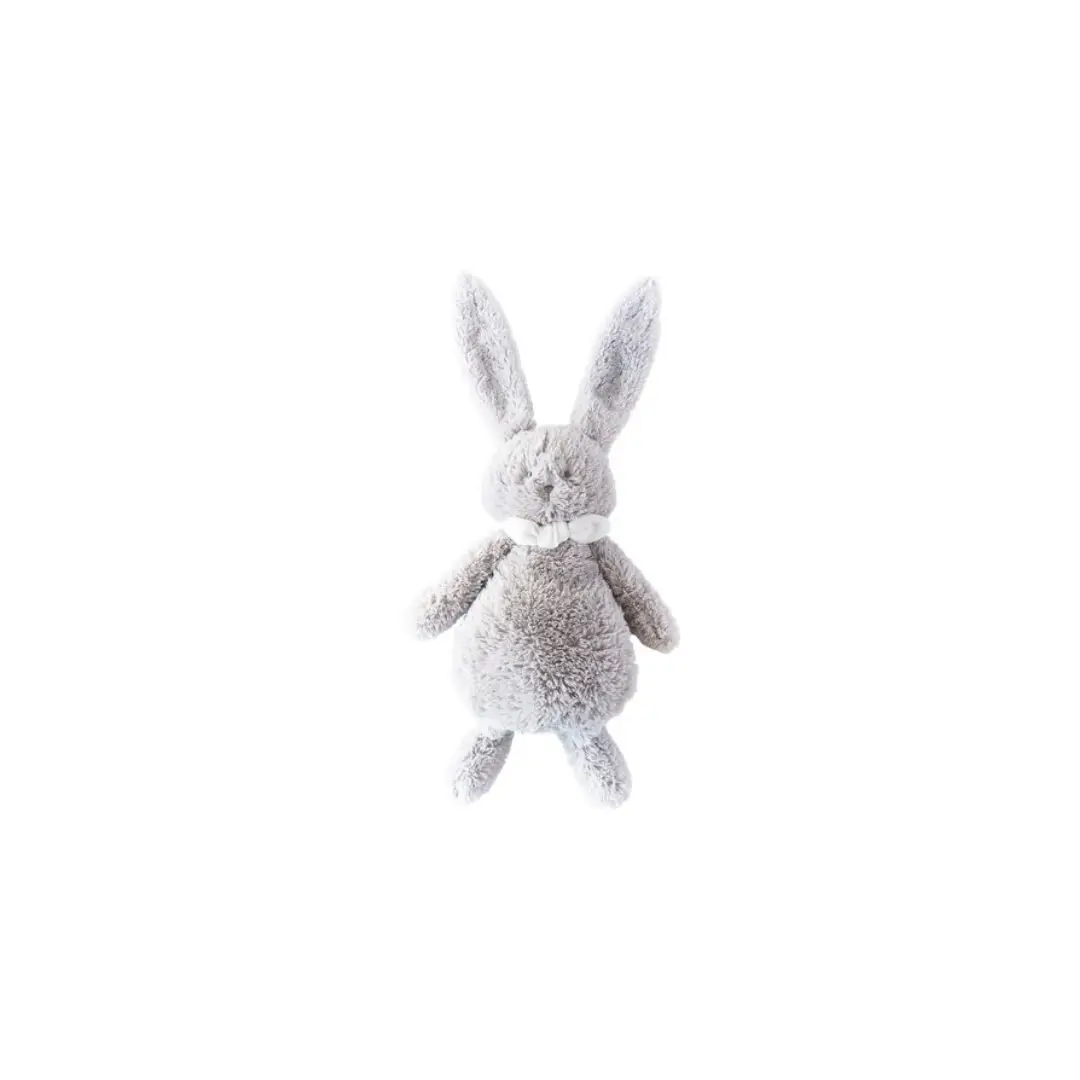 DIMPEL doudou Ella pancake plush bunny, light gray fur with white ribbon, Citron Grenadine