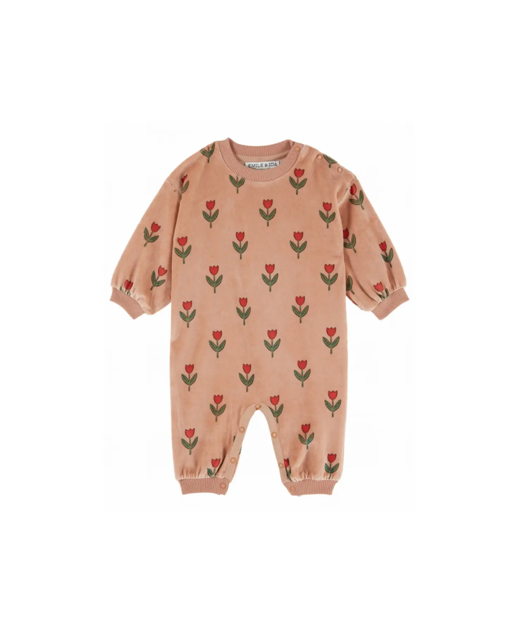 Emile et Ida combi velours baby onesie by Citron Grenadine in peach with red tulip print, long puff sleeves