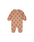 Emile et Ida combi velours baby onesie by Citron Grenadine in peach with red tulip print, long puff sleeves