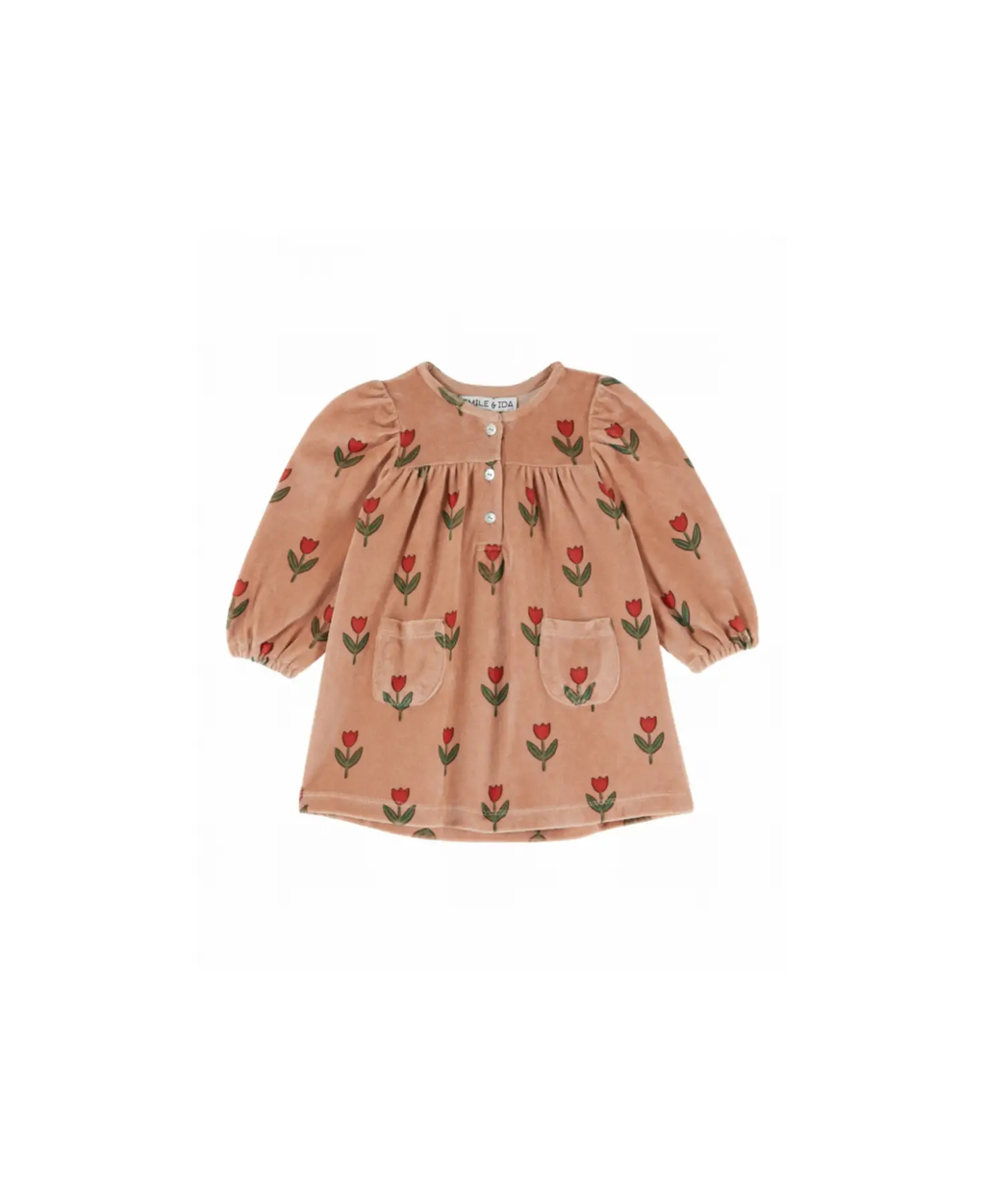 Robe bébé Emile et Ida en velours couleur pêche, motifs tulipes rouges et poches frontales