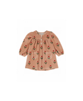 Robe bébé Emile et Ida en velours couleur pêche, motifs tulipes rouges et poches frontales