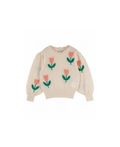 Emile et Ida sweater beige knit with pink tulip motifs and green leaves, Citron Grenadine
