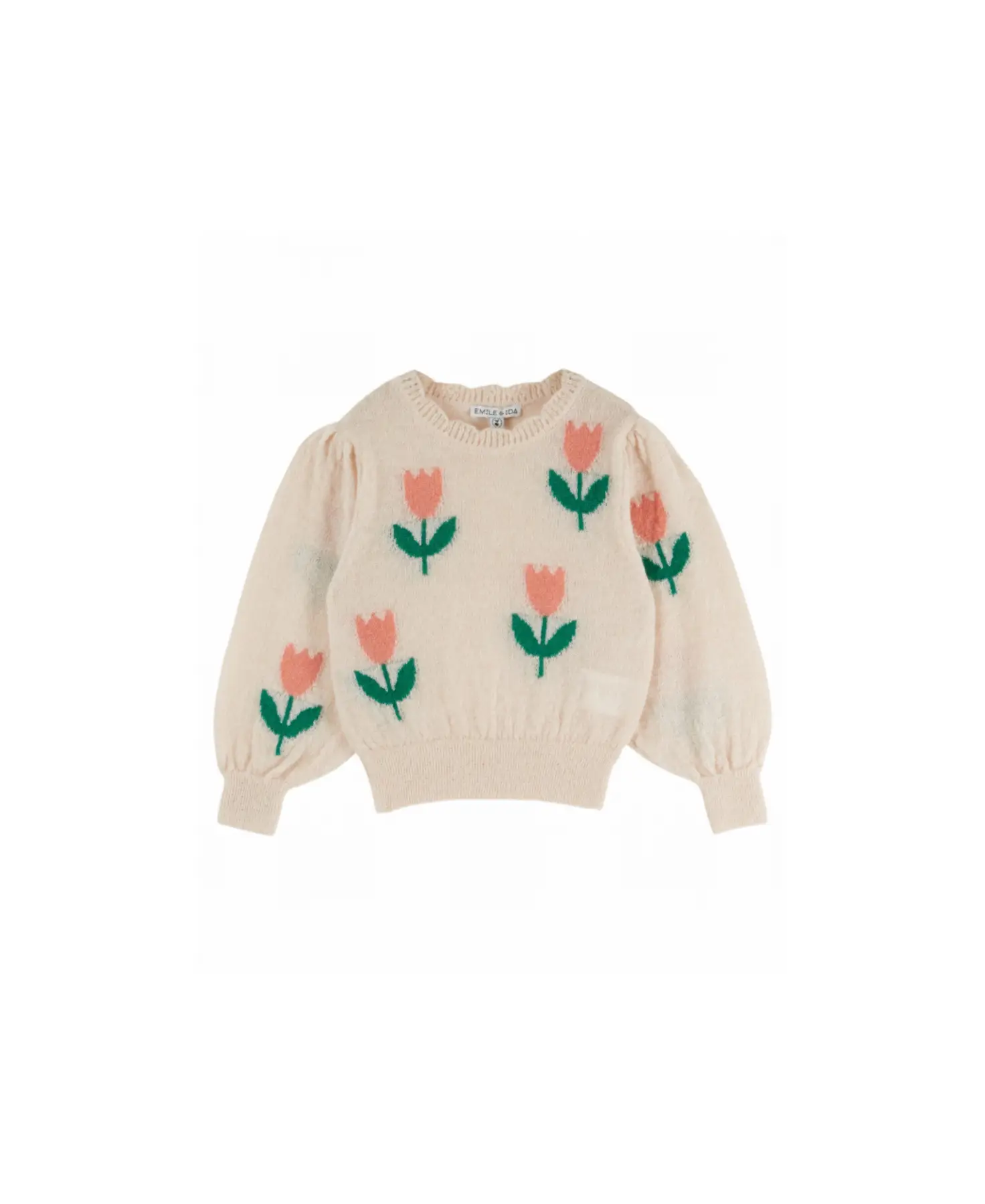 Emile et Ida sweater beige knit with pink tulip motifs and green leaves, Citron Grenadine