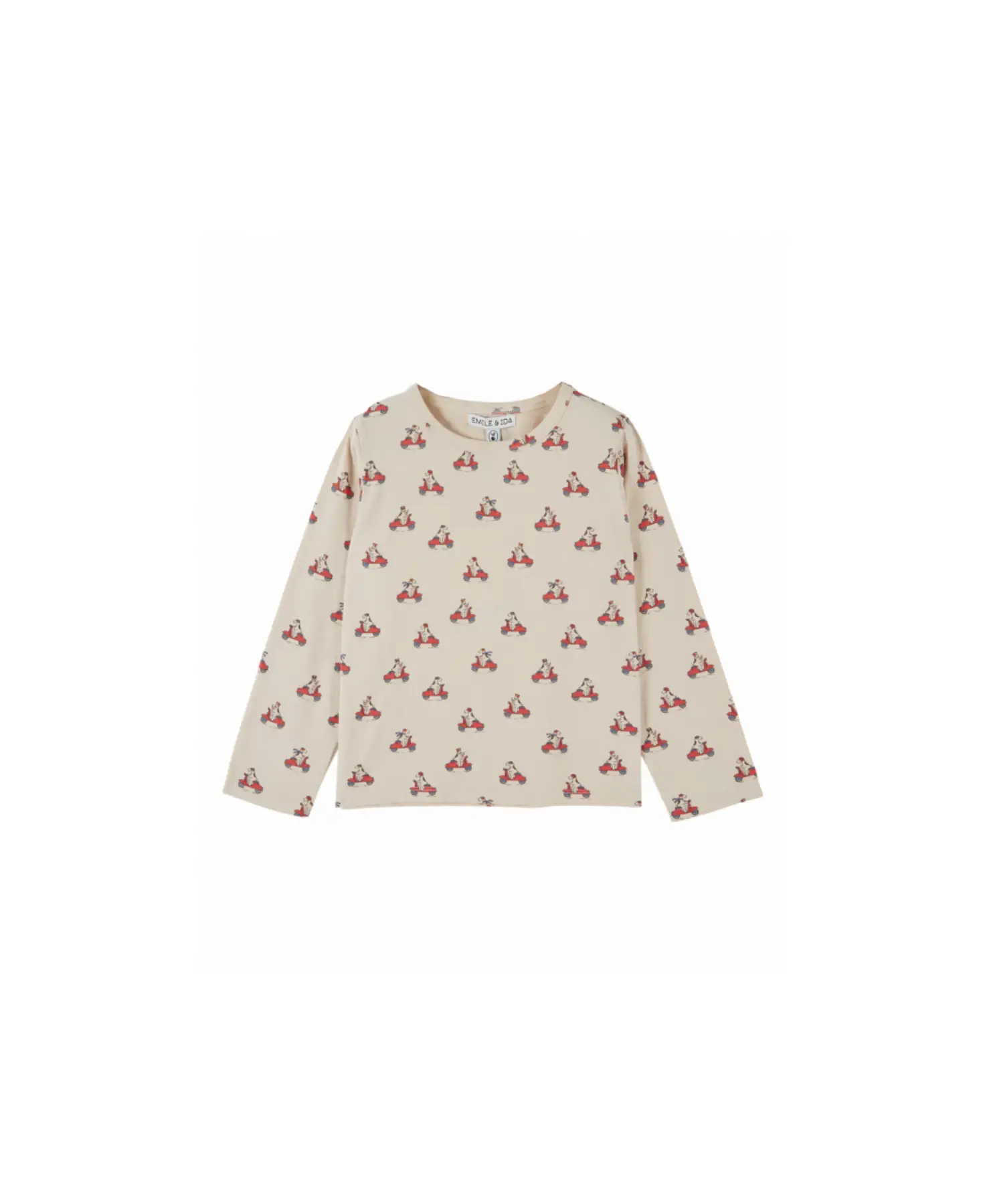 Emile et Ida cream long-sleeve t-shirt with tiny red dog-on-scooter print; Citron Grenadine