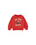 EMILE ET IDA sweat molletonné rouge-orangé avec imprimé crème UN JOUR EN ROSE et fleur rose, feuilles vertes