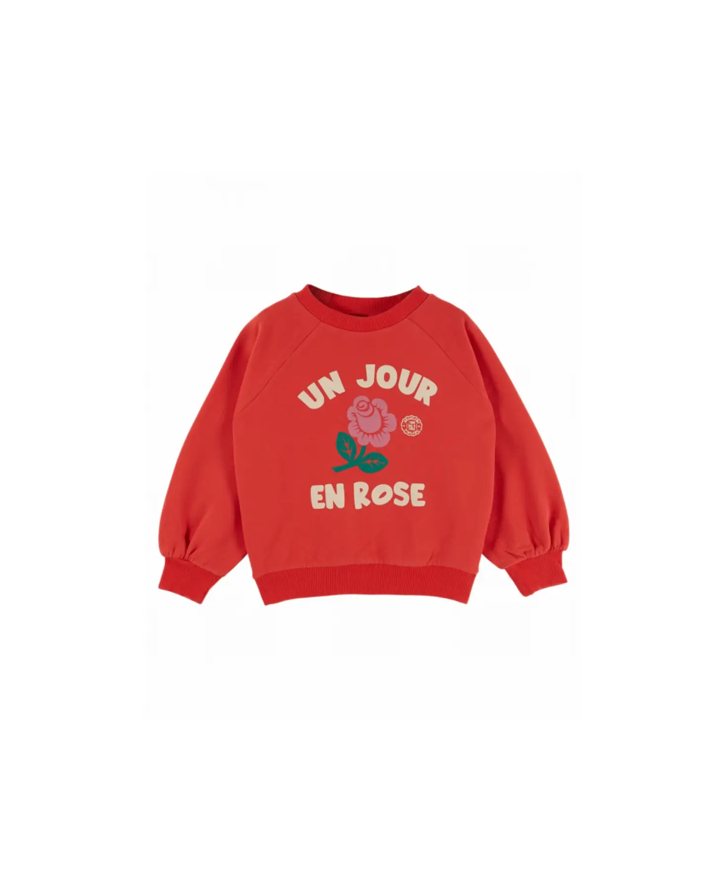 EMILE ET IDA sweat molletonné rouge-orangé avec imprimé crème UN JOUR EN ROSE et fleur rose, feuilles vertes