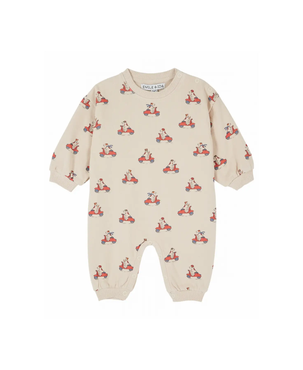 Emile et Ida combi baby romper in beige with red dog-on-scooter print; Citron Grenadine
