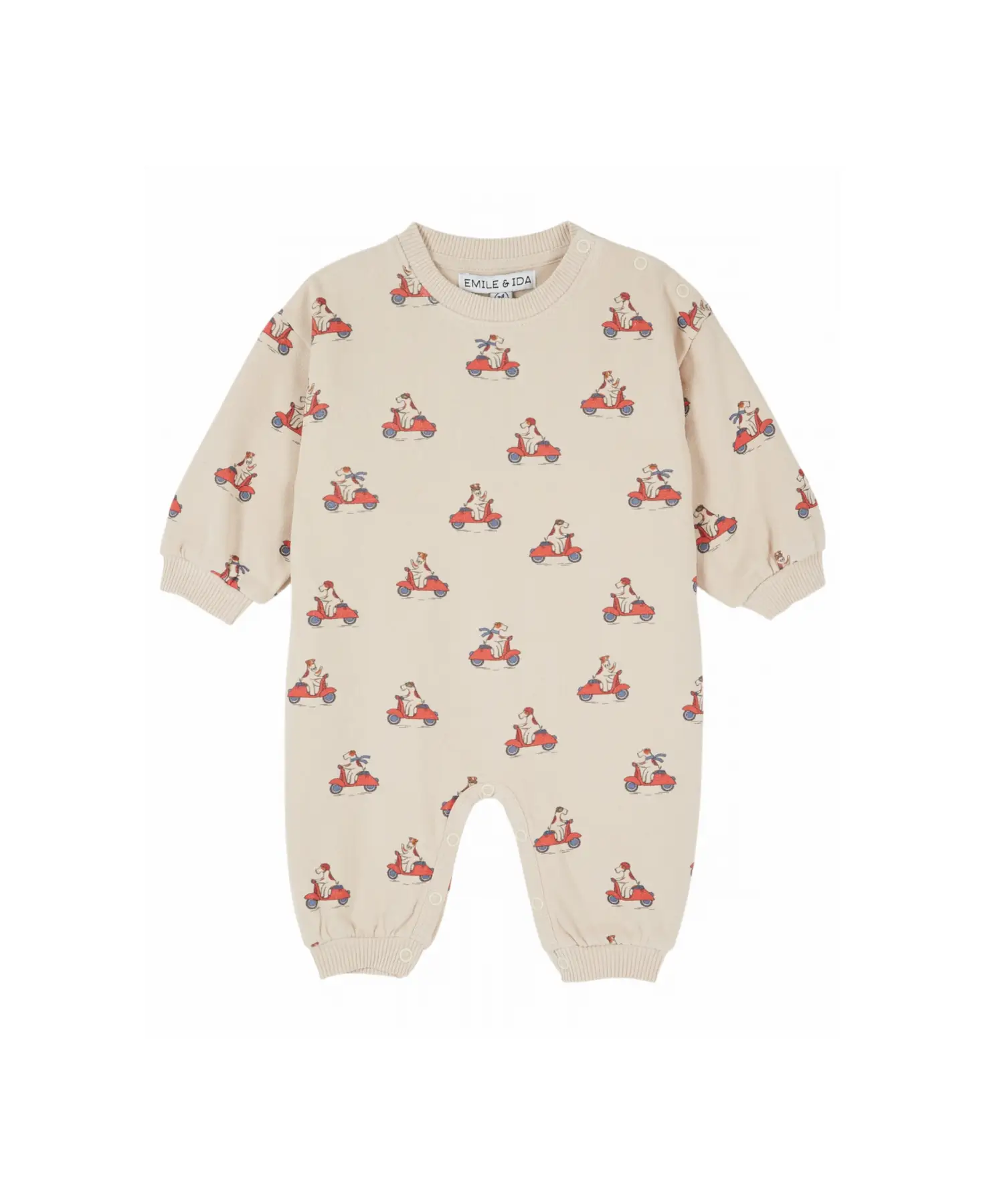 Emile et Ida combi baby romper in beige with red dog-on-scooter print; Citron Grenadine