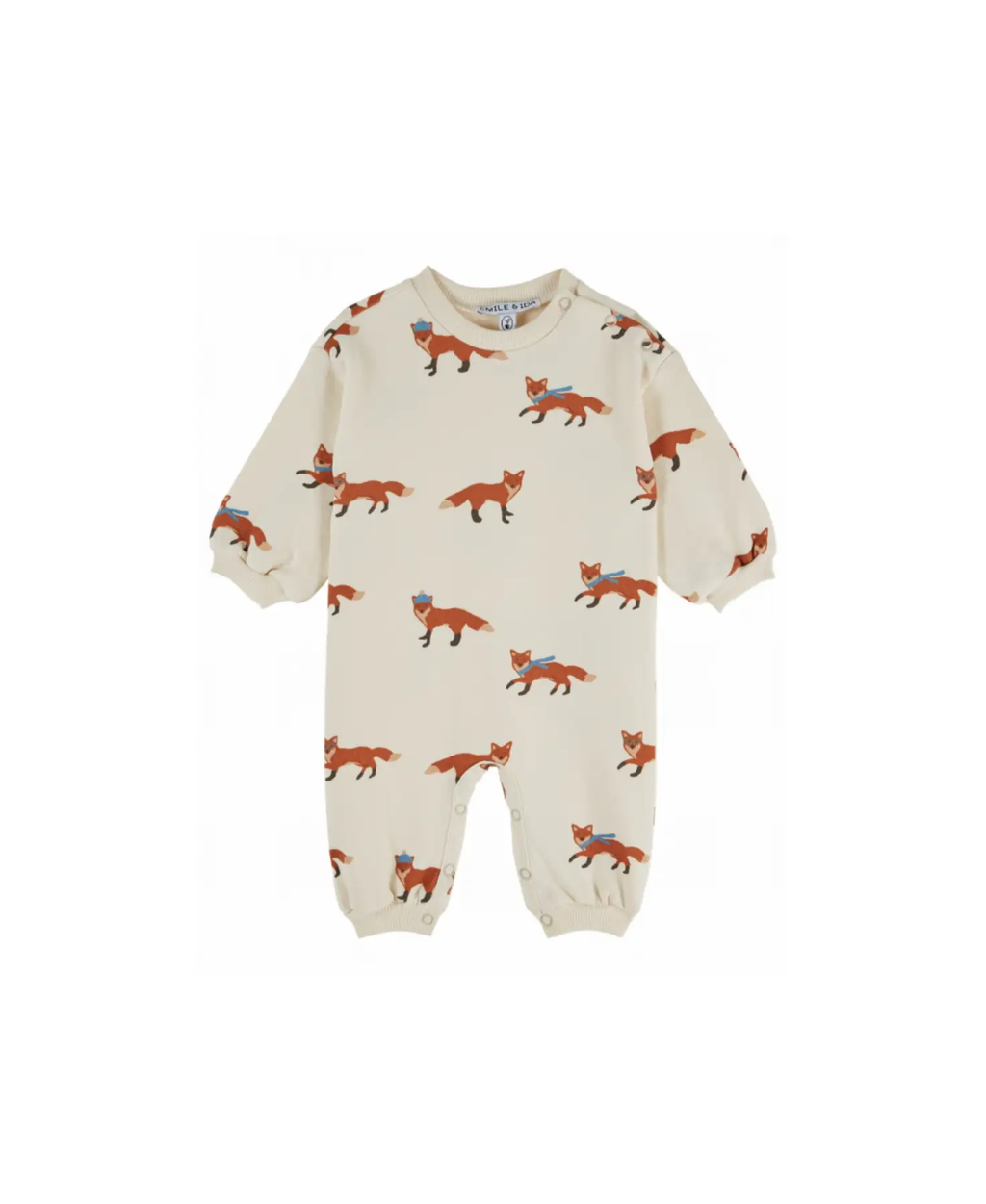 Emile et Ida combi molleton fleece romper in cream with orange fox print by Citron Grenadine