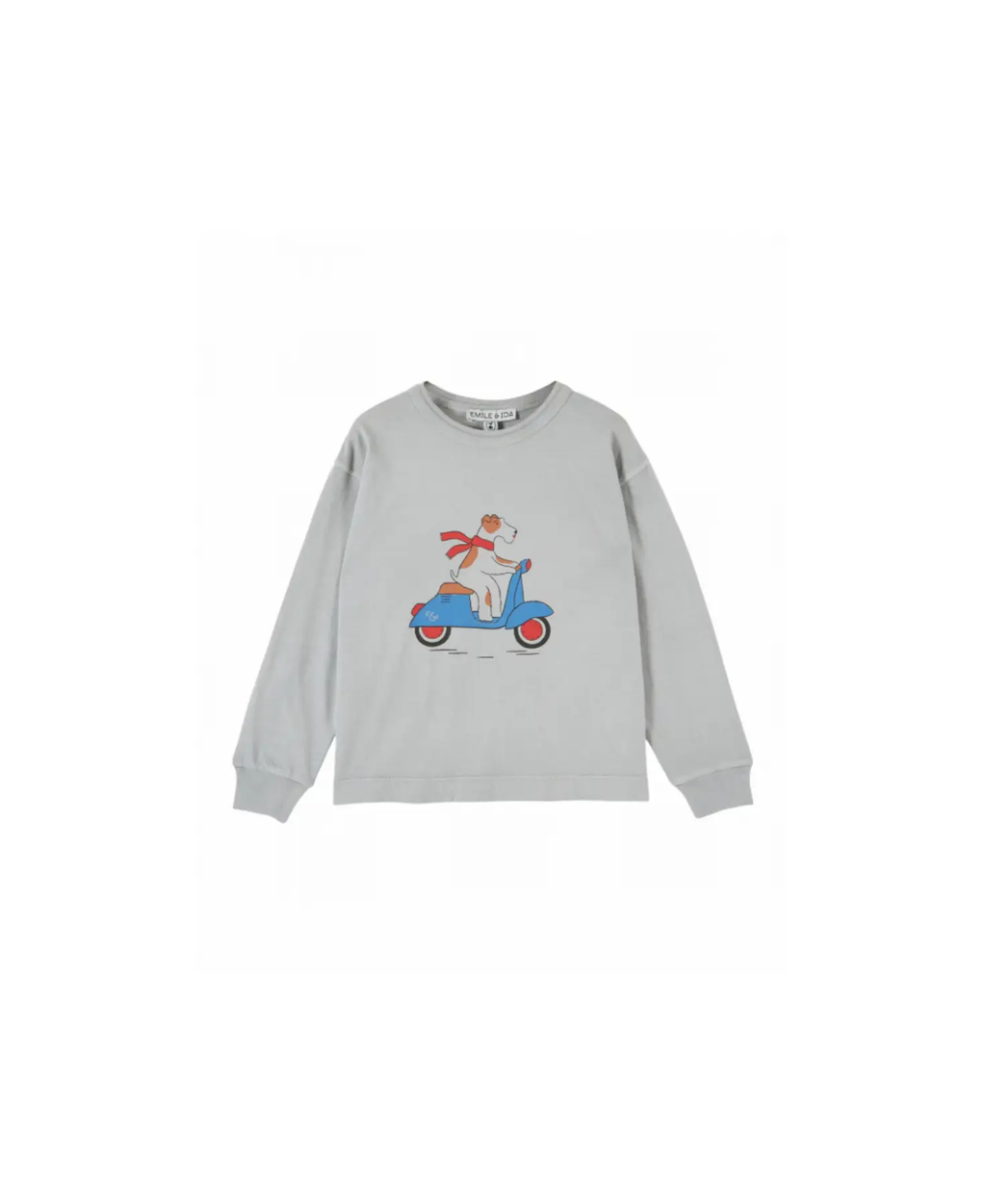 EMILE ET IDA t-shirt by Citron Grenadine; light gray tee with graphic of a dog on a blue scooter
