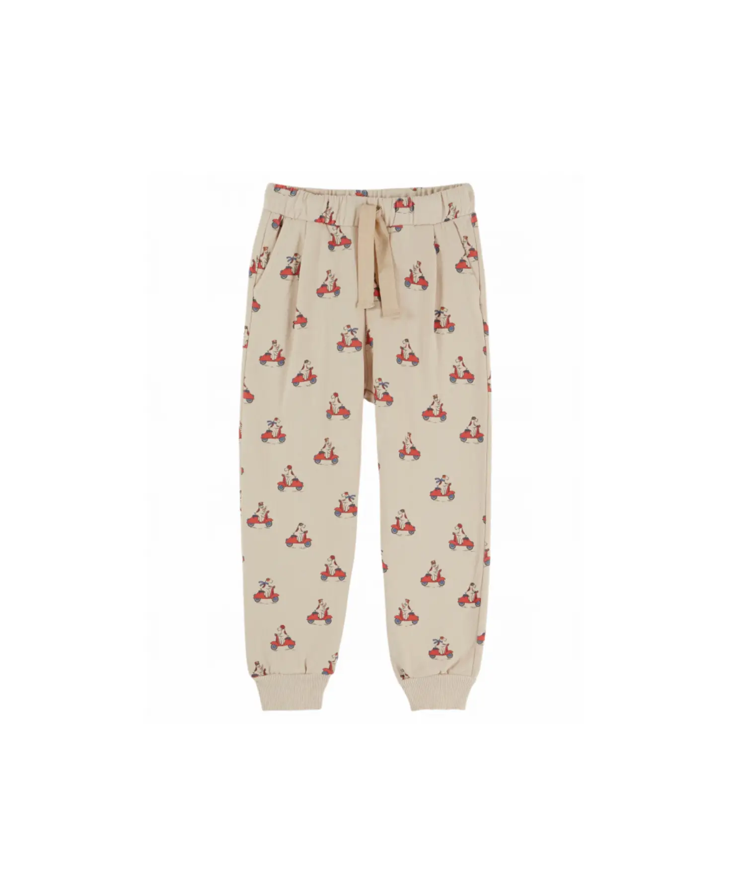 EMILE ET IDA jogger pants by Citron Grenadine; beige fabric with red dog-on-scooter print, ribbed cuffs