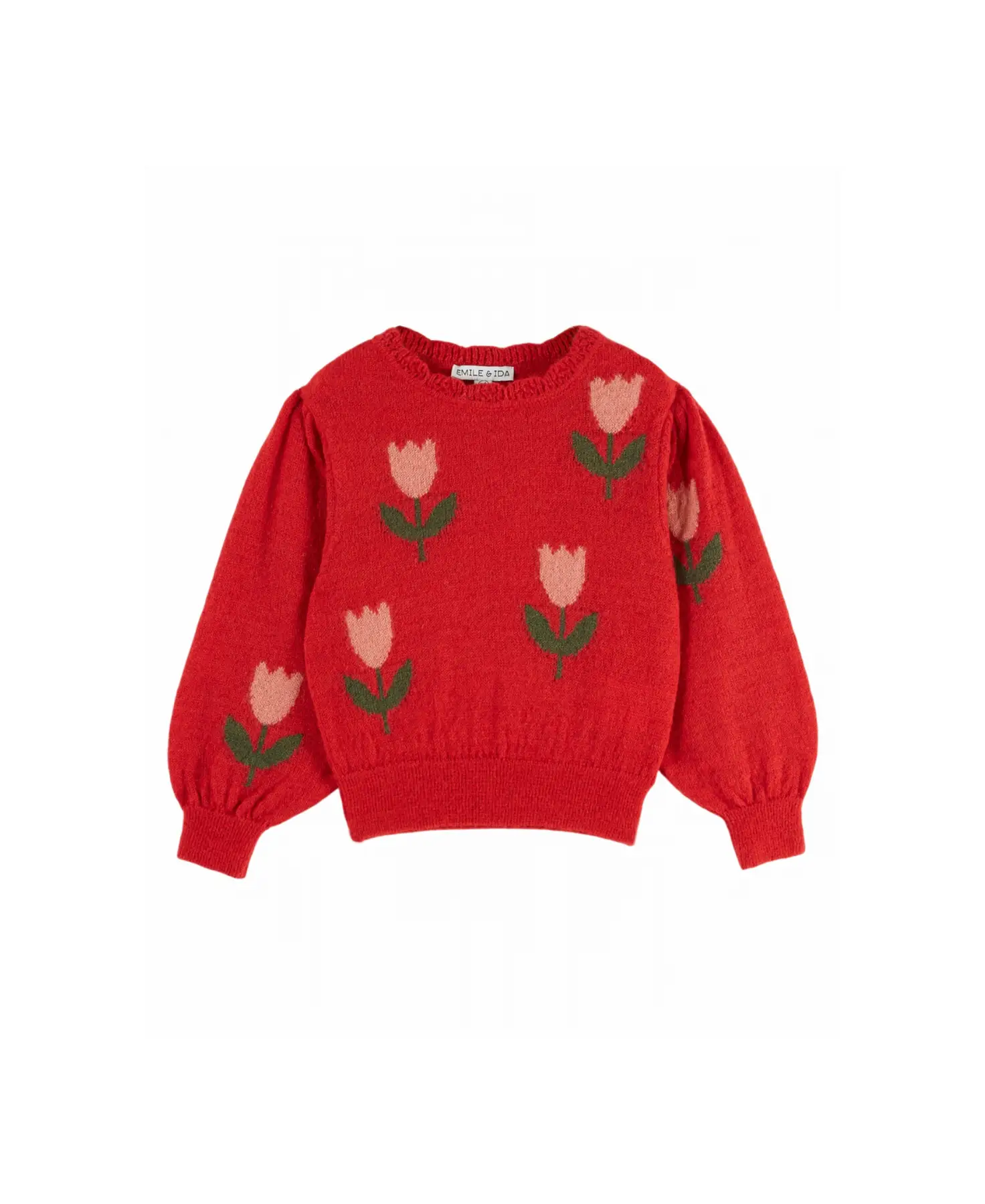 Emile et Ida red tulip intarsia pullover sweater with pink tulips and green leaves