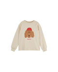 EMILE ET IDA t-shirt, beige long-sleeve with brown dog graphic wearing a red cap