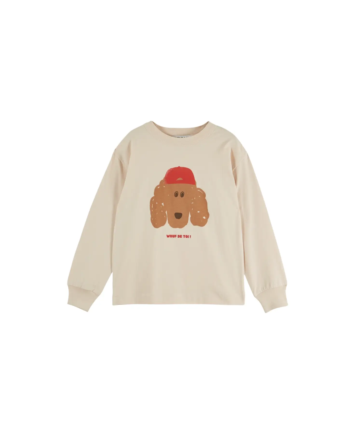 EMILE ET IDA t-shirt, beige long-sleeve with brown dog graphic wearing a red cap
