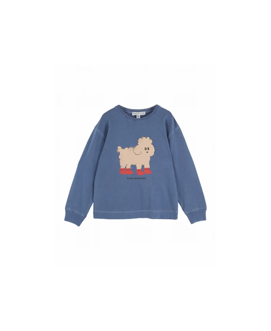 EMILE ET IDA blue T-shirt with beige poodle graphic wearing red boots, Citron Grenadine