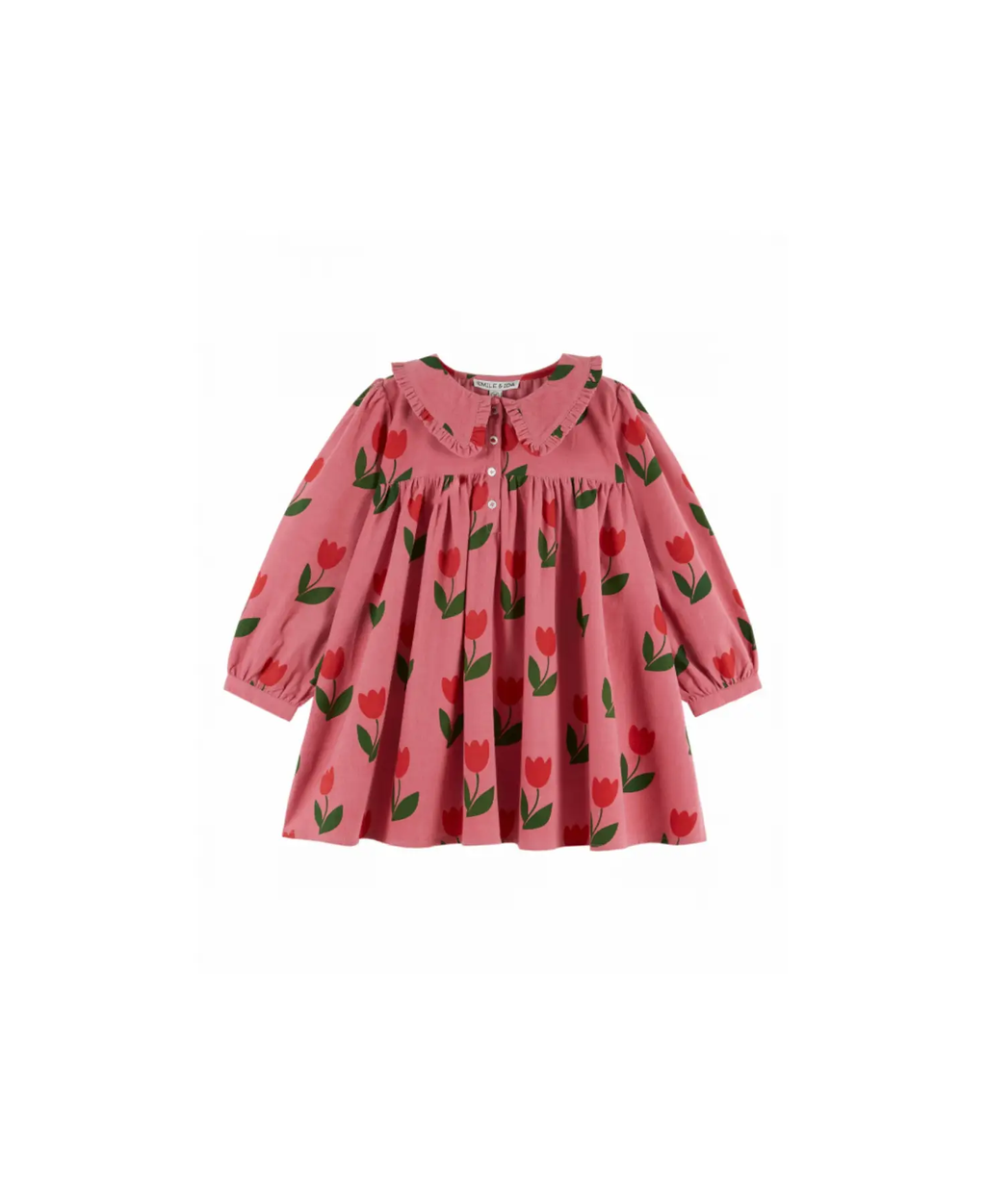 Robe Emile et Ida en velours pour bébé, rose à grand motif tulipe rouge et feuilles vertes, Citron Grenadine