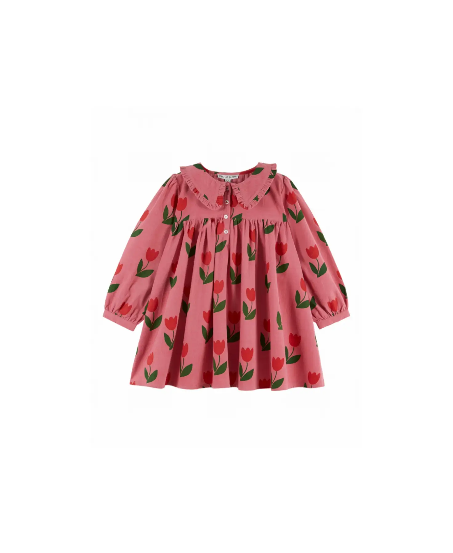 Robe Emile et Ida en velours pour bébé, rose à grand motif tulipe rouge et feuilles vertes, Citron Grenadine