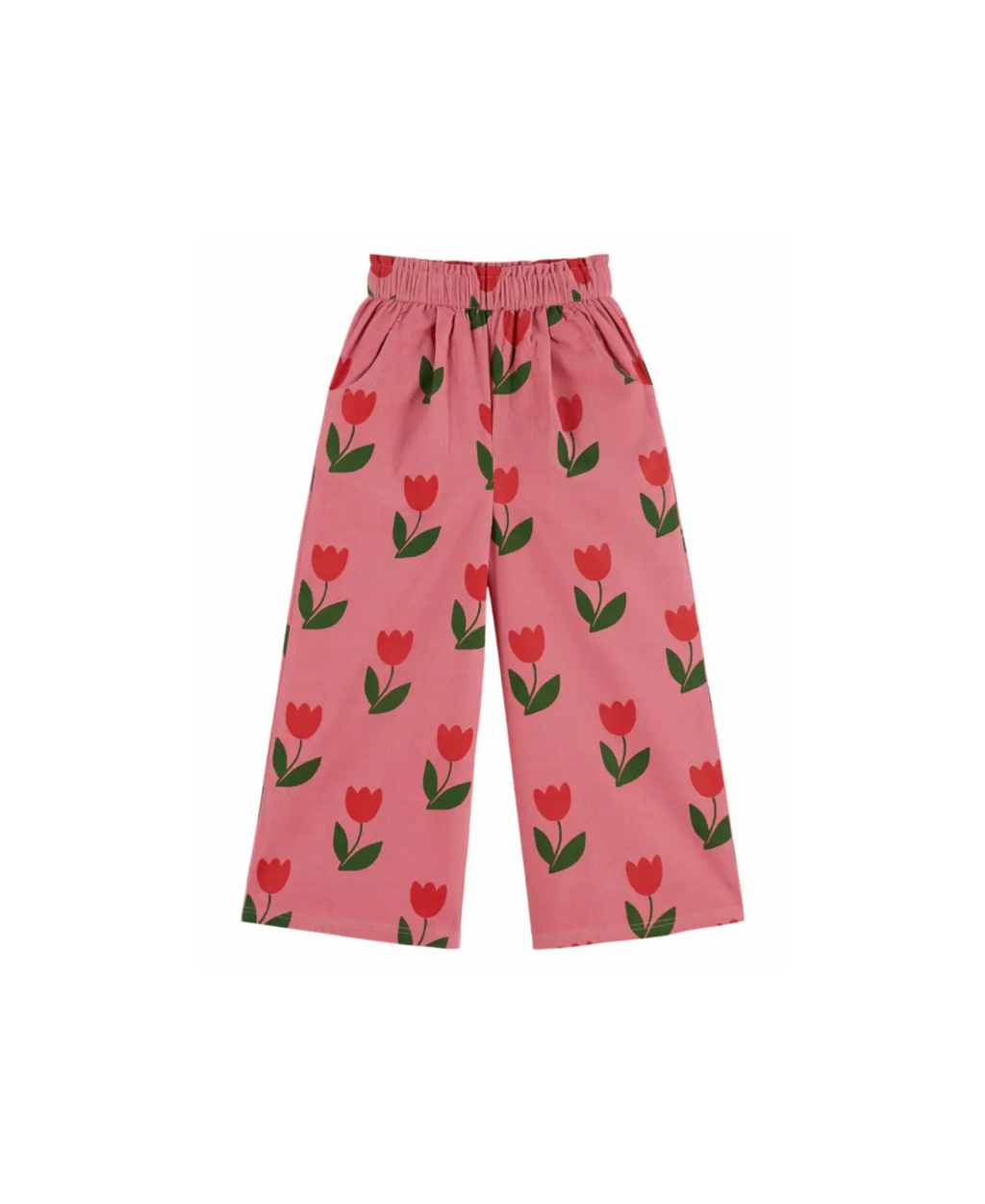 Pantalon velours EMILE ET IDA rose; grande tulipe, motifs tulipes rouges et feuilles vertes